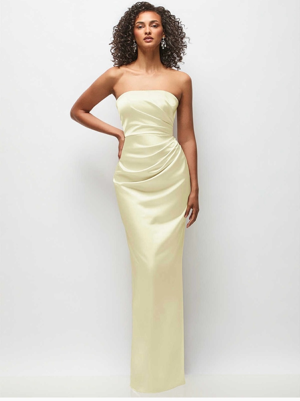 Dessy- Strapless Satin Column Dress in Pale Yellow NWT